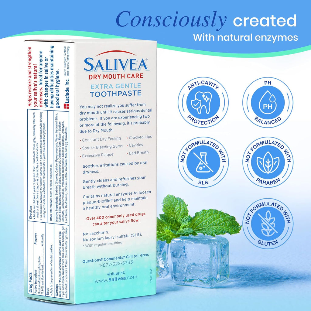 SALIVEA Dry Mouth Toothpaste Anticavity Fluoride Mint 4.3 oz Pack of 1 | Anticavity fluoride with xylitol and calcium, SLS free low foaming gentle formula for daily oral defense and fresh breath