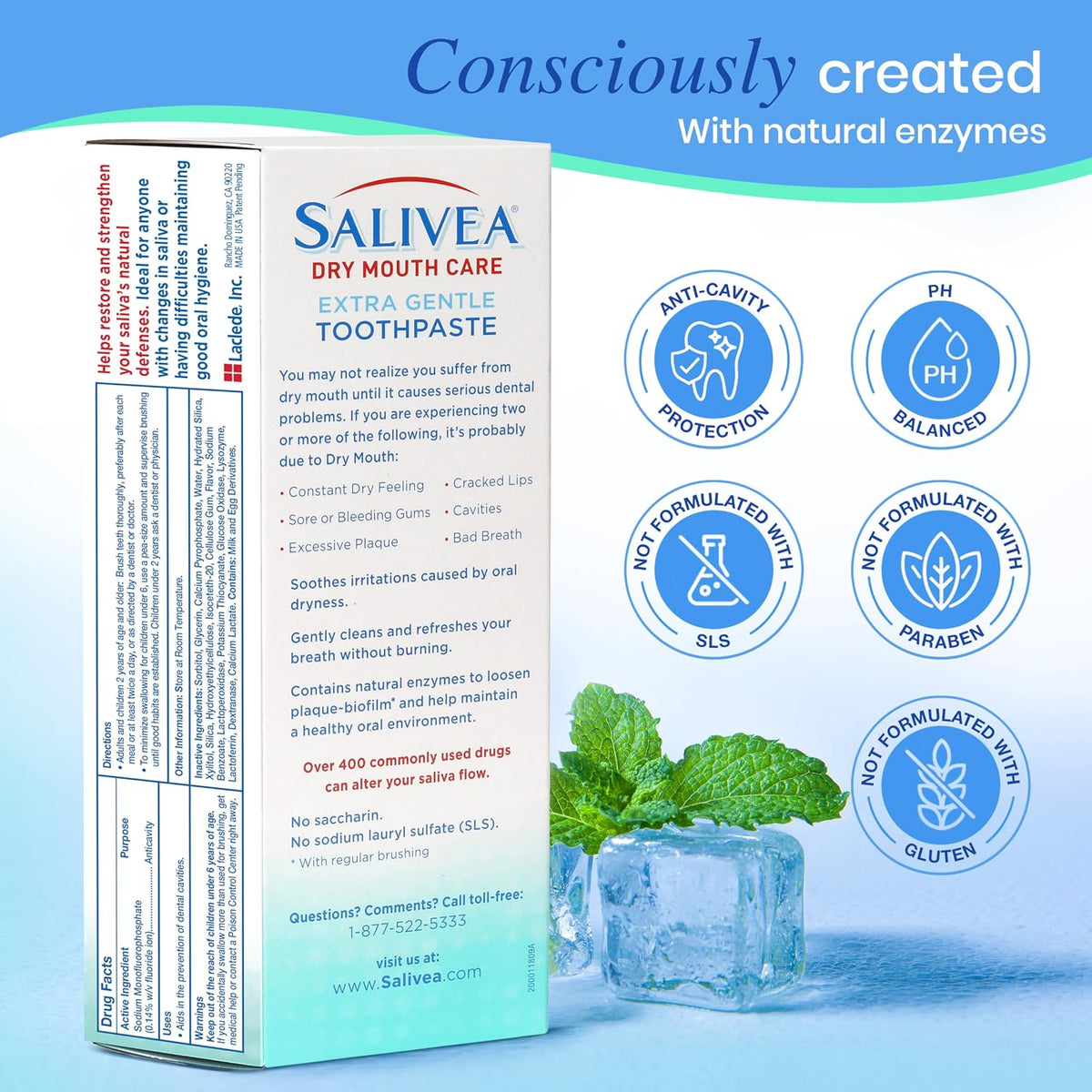 SALIVEA Dry Mouth Toothpaste Anticavity Fluoride Mint 4.3 oz Pack of 1 | Anticavity fluoride with xylitol and calcium, SLS free low foaming gentle formula for daily oral defense and fresh breath