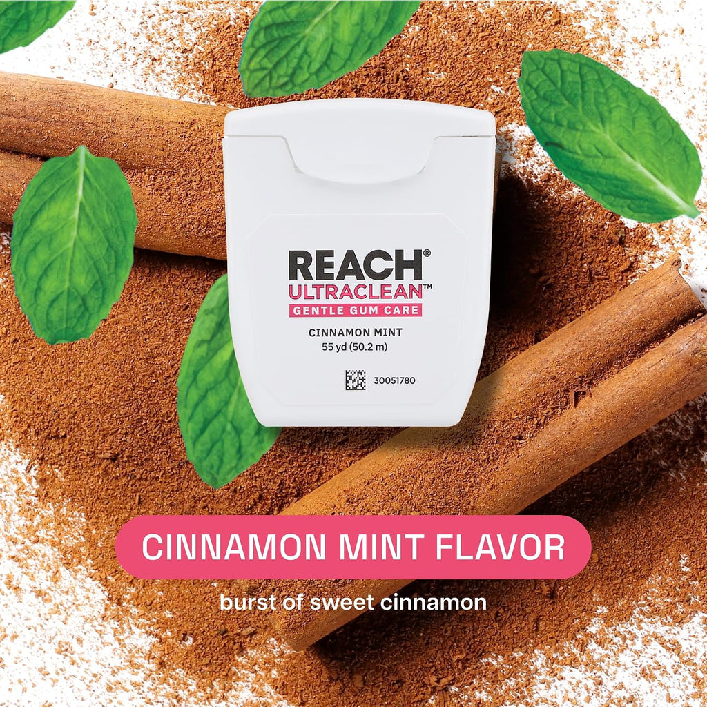 REACH ULTRACLEAN Gentle Gum Care Expanding Floss – Woven, Non-Waxed, PFAS-Free with Vitamin E, for Sensitive Gums, Cinnamon Mint 55YD (3-Pack)