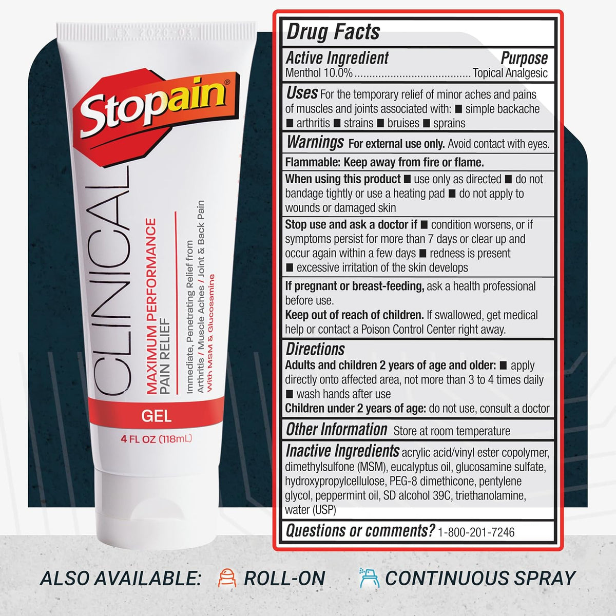 Stopain Clinical 10% Menthol Pain Relief Gel (4 oz Tube), Professional Strength Topical Analgesic for Back, Knee, Joint and Arthritis Pain Relief, Made in USA