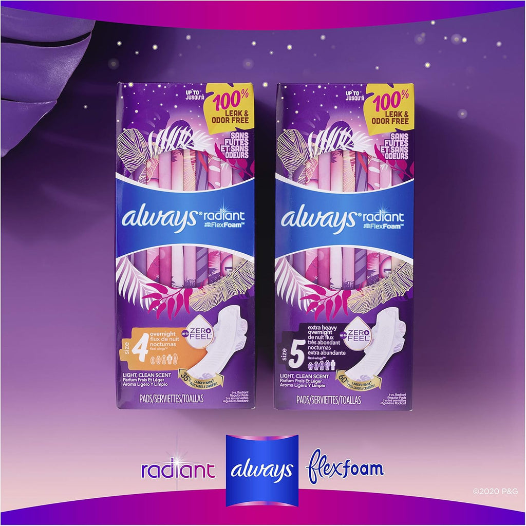 ALWAYS Radiant, Size 4, Overnight Sanitary Pads with Wings, Scented, 10Count, (Pack of 10)
