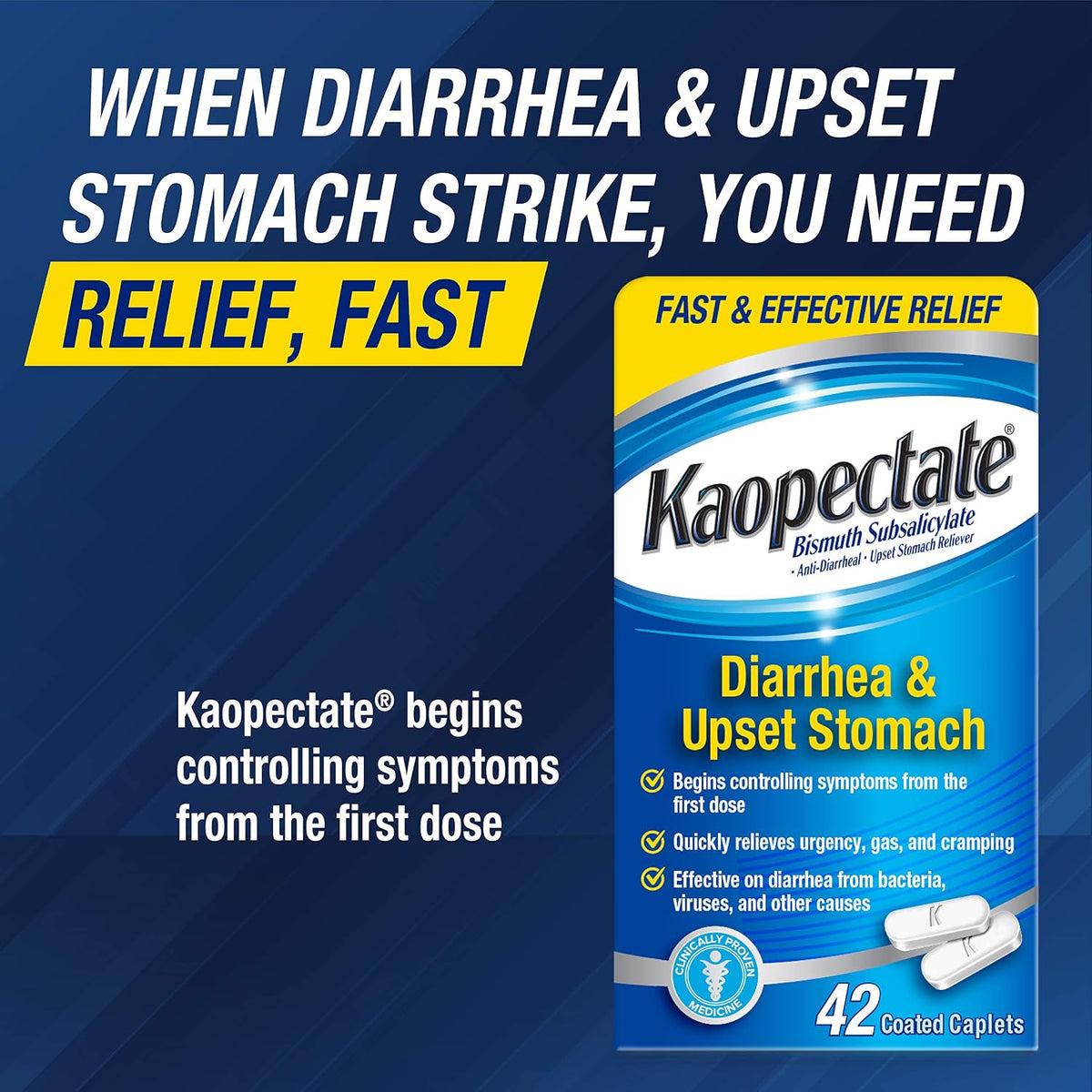 Kaopectate Multi-Symptom Anti-Diarrheal & Upset Stomach Reliever, 42 Caplet | Anti Diarrhea Caplets with Bismuth Subsalicylate
