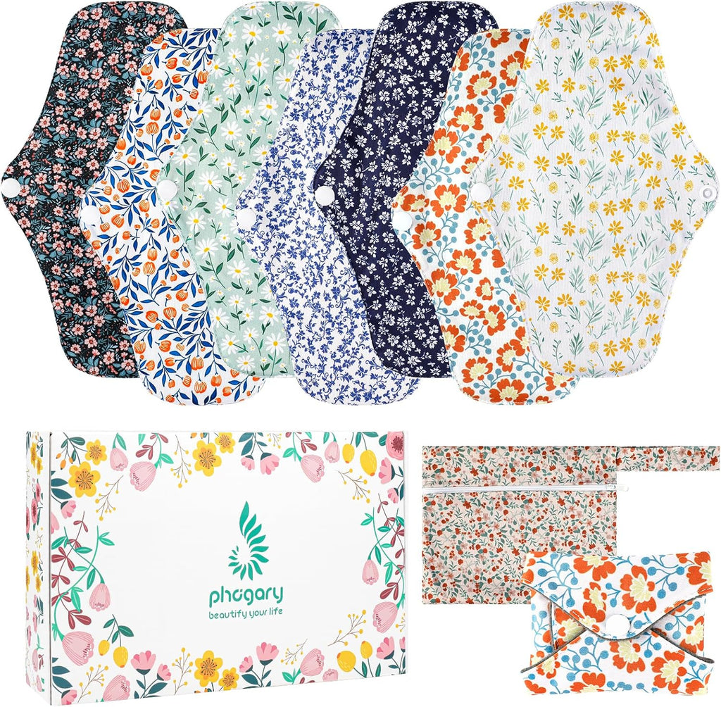 PHOGARY 7 Pieces Reusable Menstrual Pads, Washable Night Pads for Abundant Menstrual Flow, Washable Night Pads for Abundant Menstrual Flow
