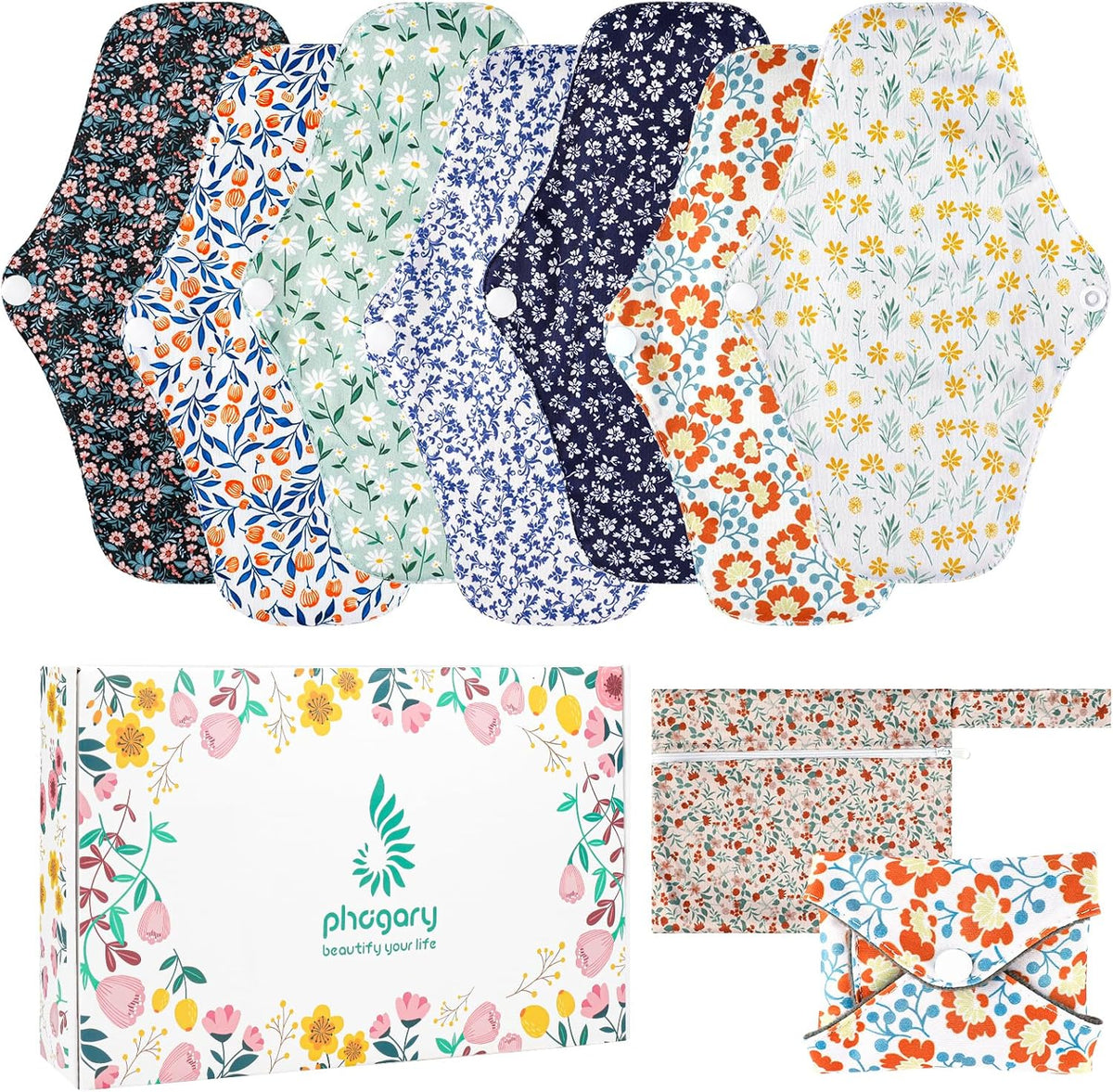 PHOGARY 7 Pieces Reusable Menstrual Pads, Washable Night Pads for Abundant Menstrual Flow, Washable Night Pads for Abundant Menstrual Flow