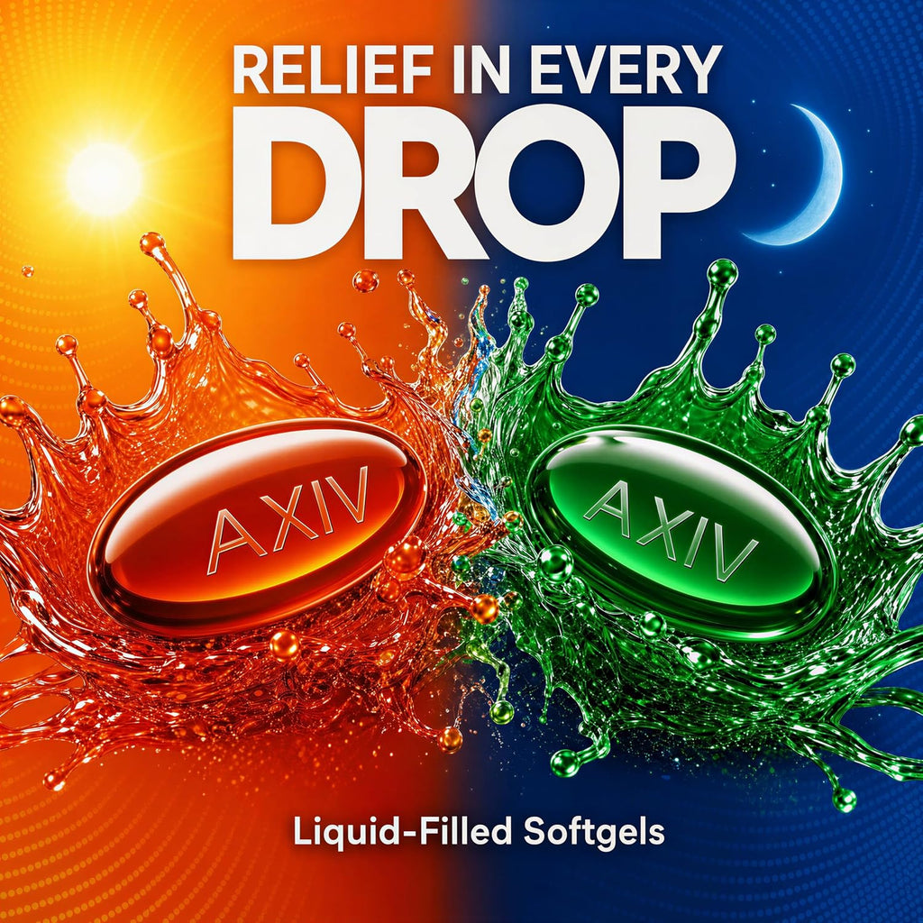 AXIV Day & Night Cold & Flu Medicine Combo Pack Softgels, Daytime & Nighttime Relief for Headache, Fever, Sore Throat, Minor Aches & Pains, & Cough, 48 Softgels
