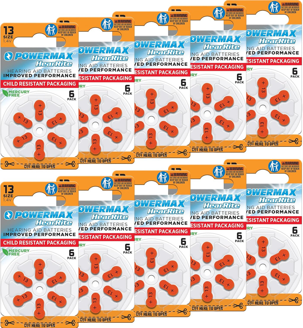 Powermax Size 13 Hearing Aid Batteries, 60 Count Long-Lasting Battery Pack, Orange Long Tab for Easy Change