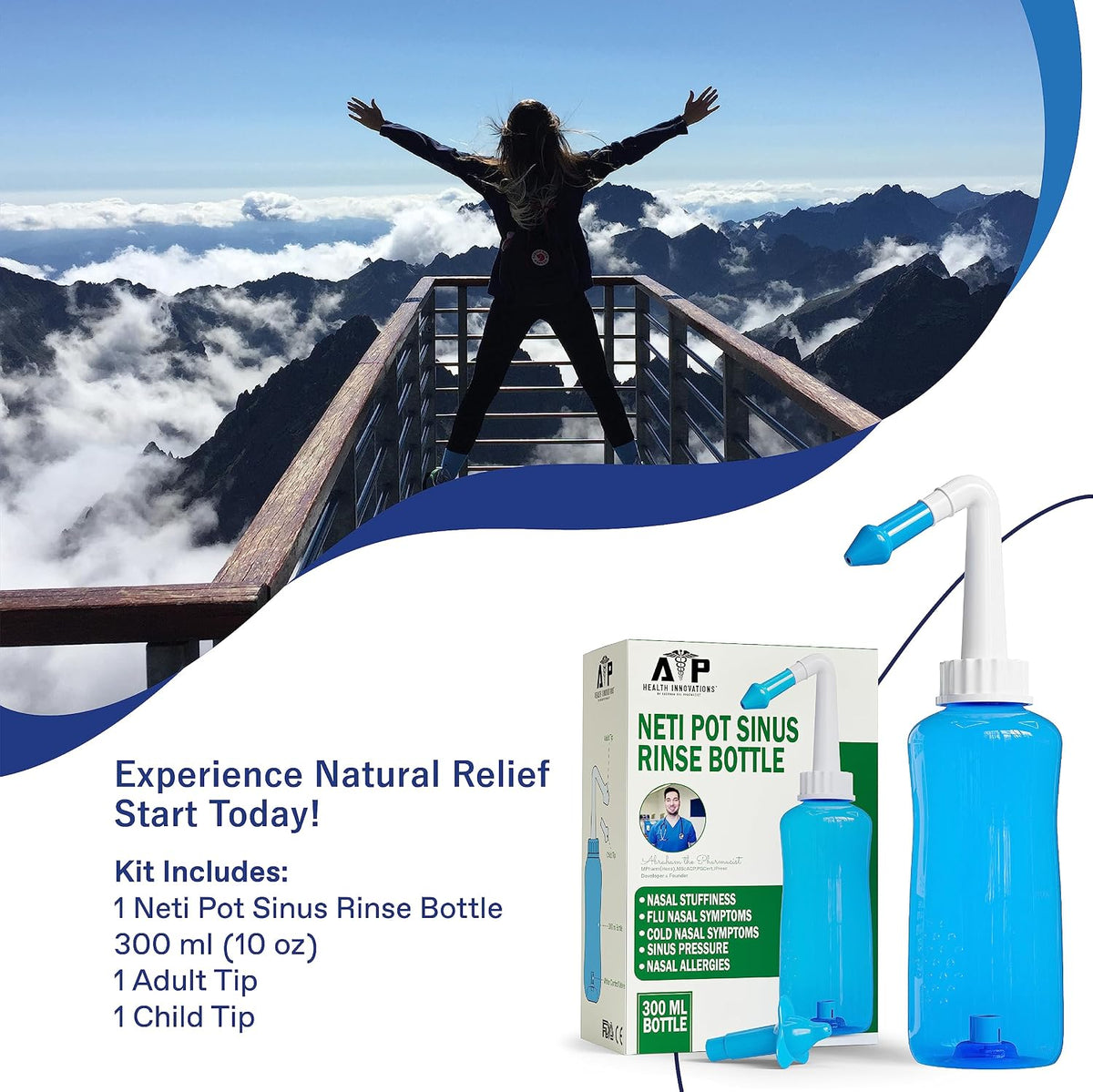 Neti Pot Sinus Rinse Bottle for Natural Sinus Relief - Nose Wash Cleaner Pressure Rinse for Adult & Kid - Nasal Irrigation System by Abraham The Pharmacist