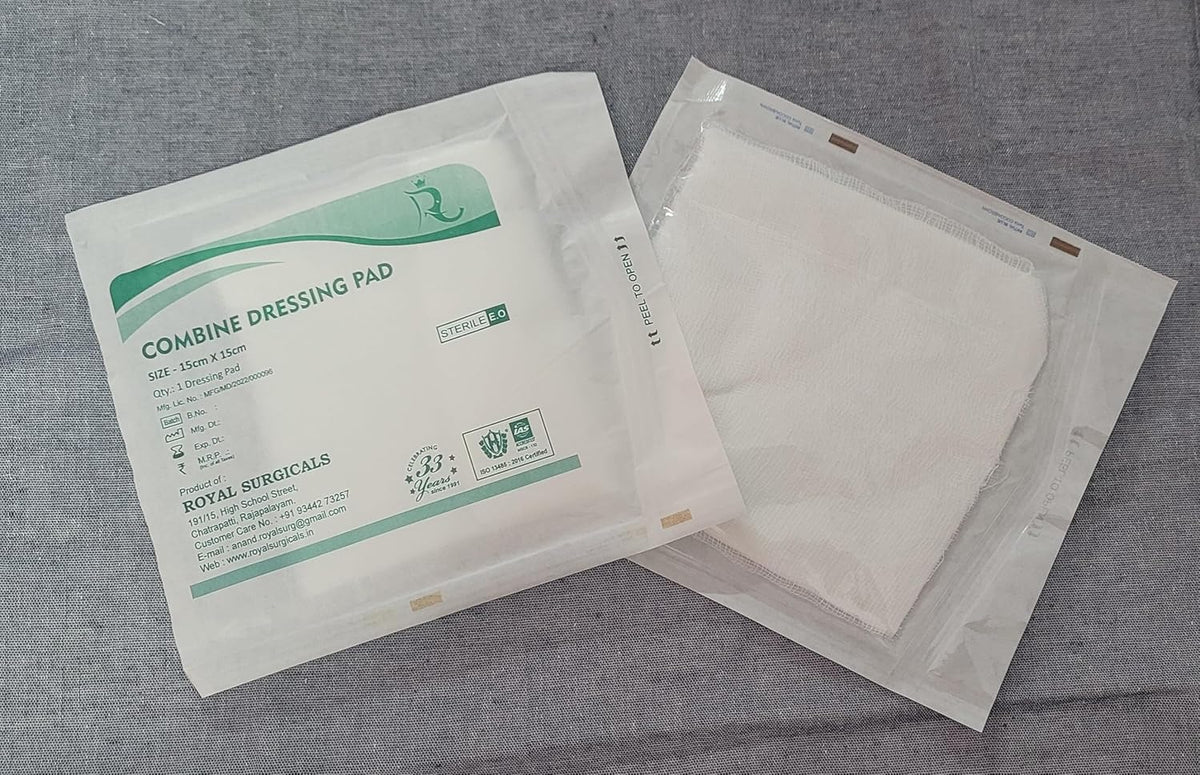 Sterile Absorbent Cotton Combine Dressing Pad |(15x15cm) (Pack of 50) Dressing Pad for Wound Dressing/First Aid/Home