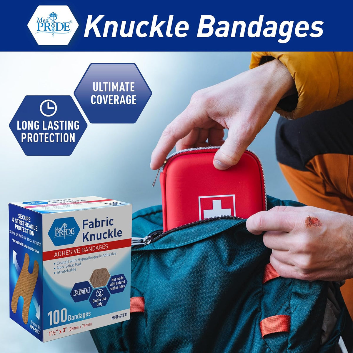 MED PRIDE Fabric Knuckle Bandages,Latex-Free,1.5x3 in,100-Count