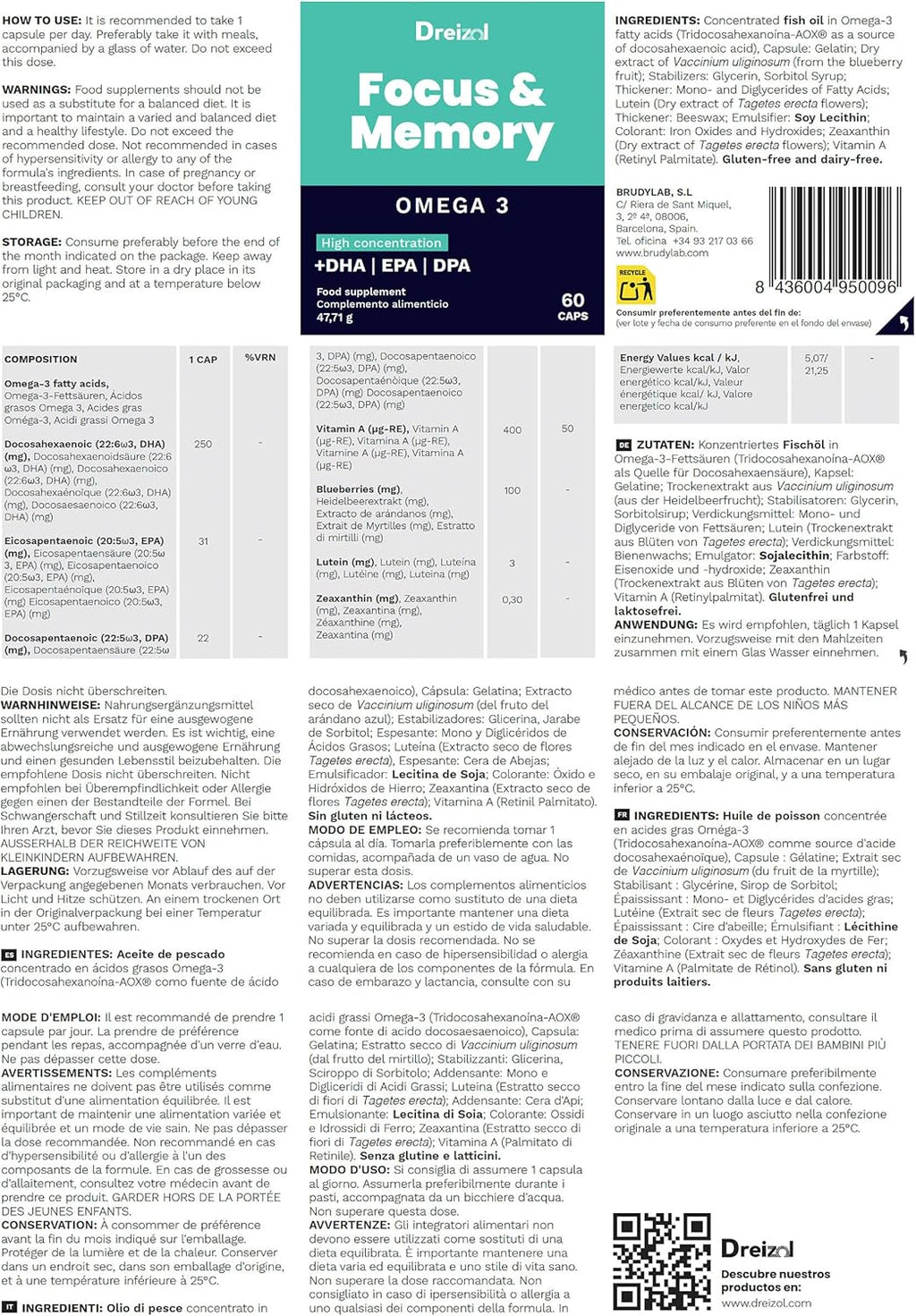 by Brudy Lab - Focus & Memory - High Dose Nootropic - Omega 3 High in DHA, EPA and DPA, Vitamin A, Lutein and Zeaxanthin - Memory and Concentration Aid - 60 Capsules