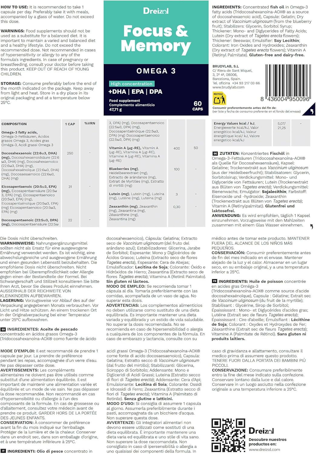 by Brudy Lab - Focus & Memory - High Dose Nootropic - Omega 3 High in DHA, EPA and DPA, Vitamin A, Lutein and Zeaxanthin - Memory and Concentration Aid - 60 Capsules