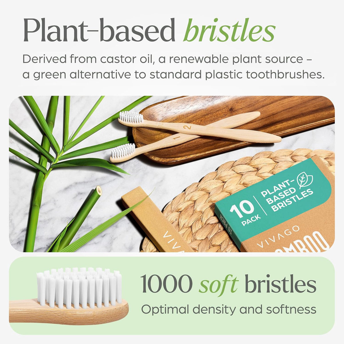 VIVAGO Bamboo Toothbrushes 10 Pack – Plant-Based Soft Bristles | Natural Toothbrush, Eco-Friendly, Wooden Toothbrush, BPA-Free