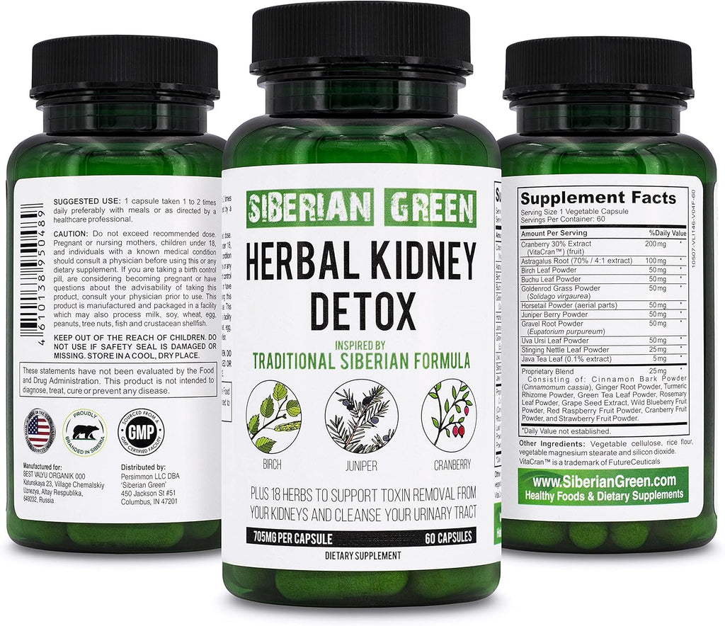 Siberian Green Herbal Kidney Detox 60 Capsules – Cranberry Birch Juniper Traditional Siberian Formula