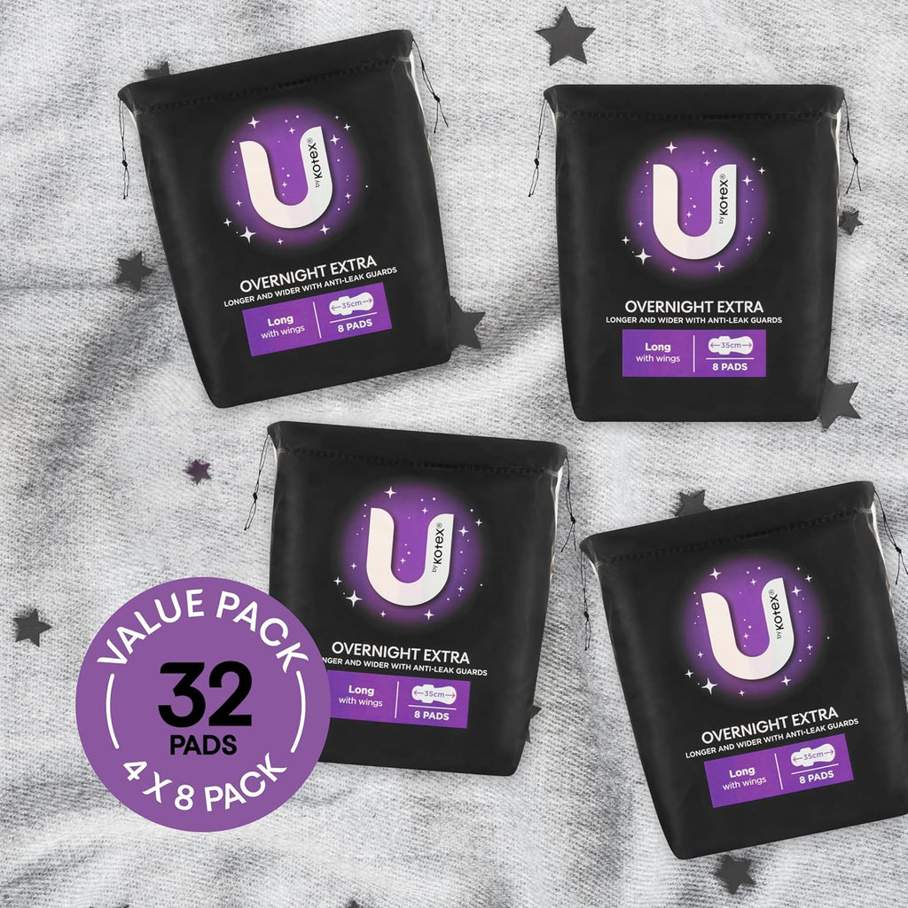 U by Kotex Extra Overnight Pads Long with Wings 32 Pack (4 x 8 Pack) - Packaging May Vary
