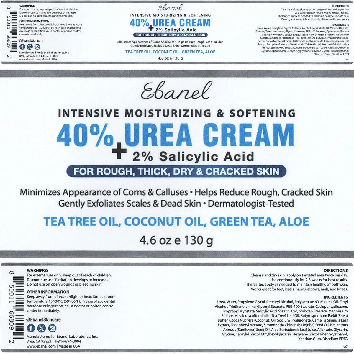 Ebanel Urea Cream 40% plus Salicylic Acid 2% for Dry Cracked Feet Skin, 2PK | Deeply Moisturizes & Softens Dry Cracked Heels, Feet, Knees, Elbows, Hands, Rough Dead Skin Callus Remover Toenail Softener