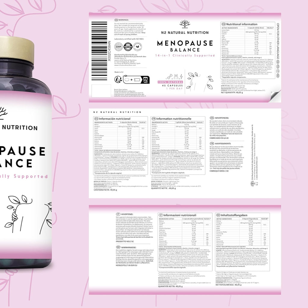 Menopause, Balance Female Estrogens and Progesterone. 14-in-1 Formula with Clinical Back. 45 Capsules with Omega 3, Biotin, Vitamin D3 and K2. N2 Natural Nutrition