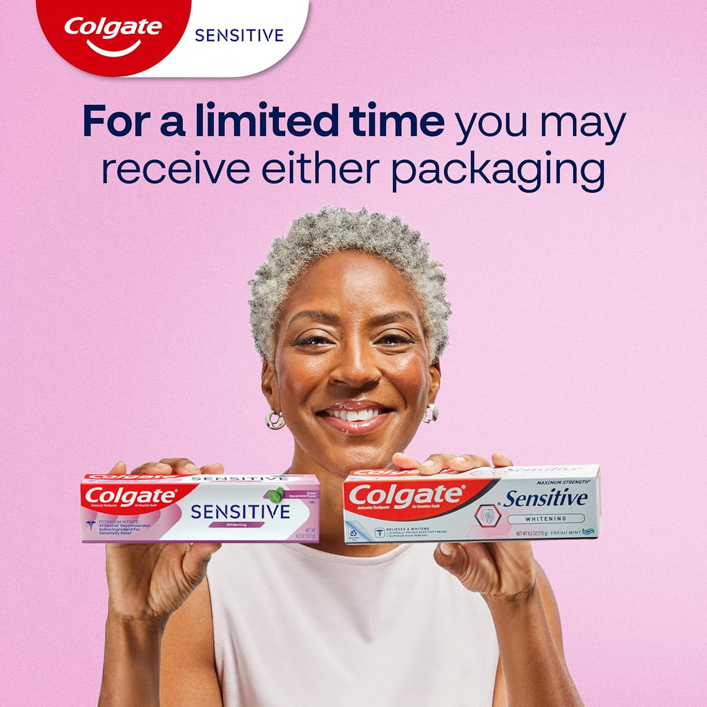 Colgate Whitening Sensitive Toothpaste Gel, Clean Spearmint, 3 Pack, 6 oz | With Potassium Nitrate for Sensitivity Relief, Safely Removes Surface Stains for Whiter Teeth, Promotes Healthy Gums