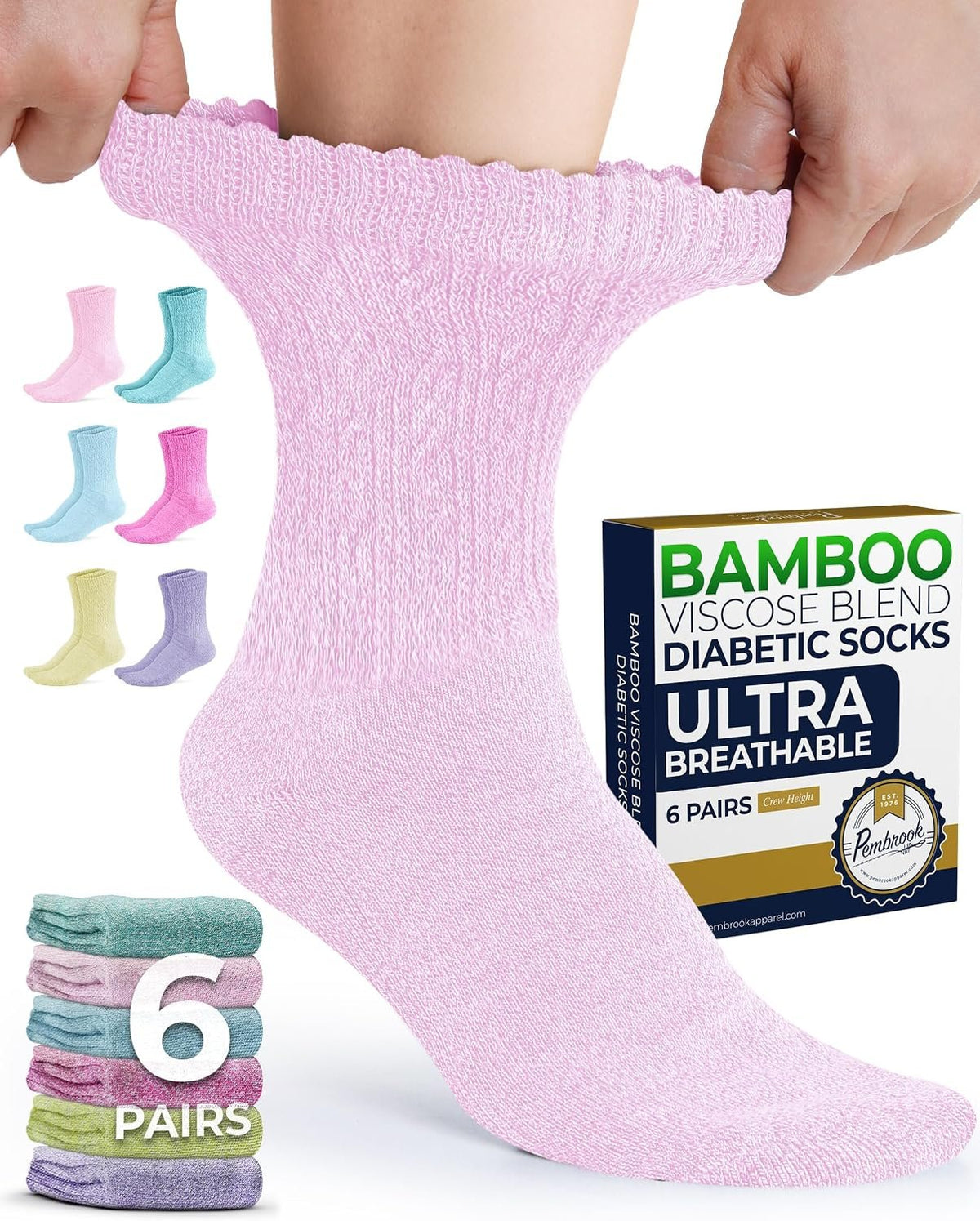 Pembrook® Diabetic Socks for Women 6 Pairs Bamboo Viscose Non-Binding Neuropathy Moisture-Wicking Circulation Support