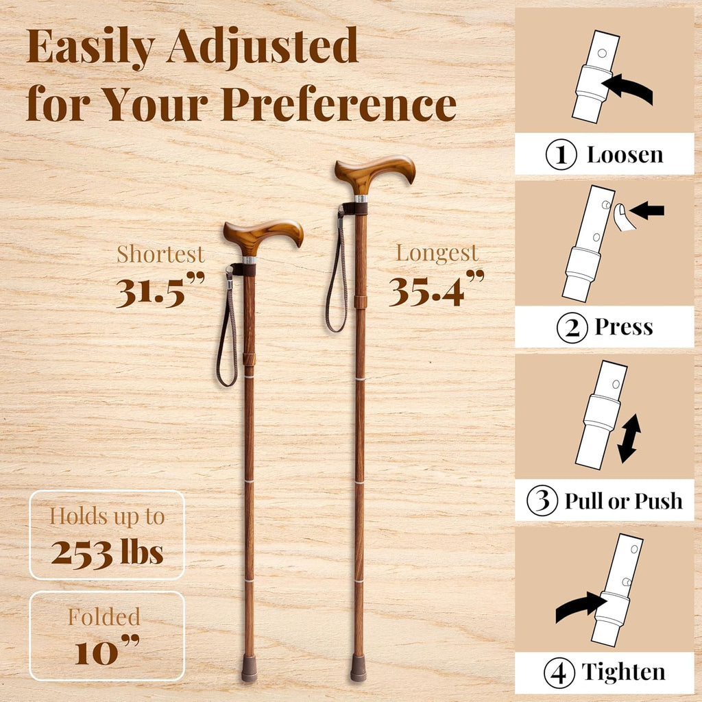 Foldable Walking Cane for Women and Men, Adjustable, Sen Wood | Collapsible Lightweight Folding Walking Stick for Seniors, Adjustable Height, Canes for Stability, Ergonomic Handle