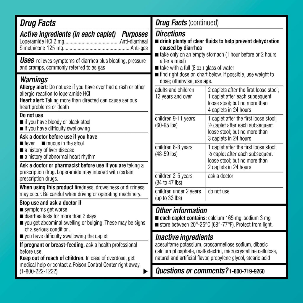 Amazon Basic Care Loperamide Hydrochloride 2 mg and Simethicone 125 mg Tablets, Multi-Symptom Relief, Anti-Diarrheal, Bloating and Cramps, Gas Relief, 24 Count