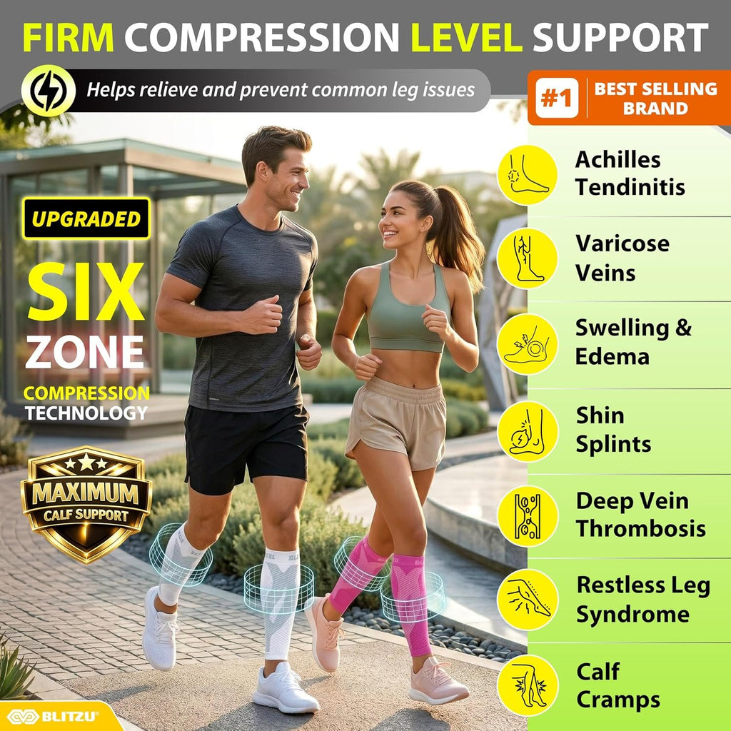 BLITZU Calf Compression Sleeves, Footless Compression Socks for Men & Women | Leg Support Brace, Shin Splint Pain Relief, Reduce Varicose Vein Swelling, Muscle Recovery, Running, Nursing, Fitness, Travel