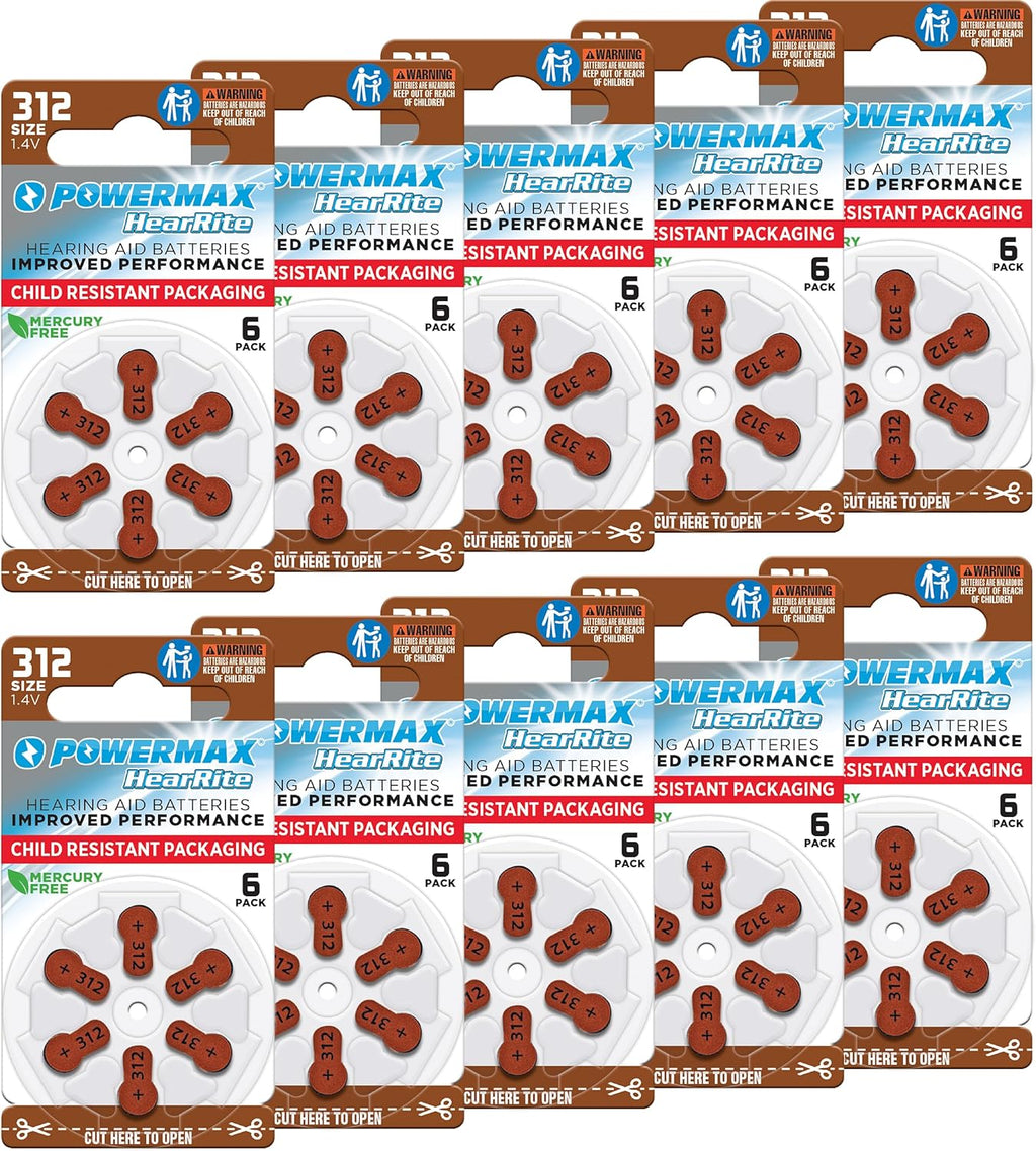 Powermax Size 312 Hearing Aid Batteries, 60 Count Long-Lasting Battery Pack, Brown Long Tab for Easy Change