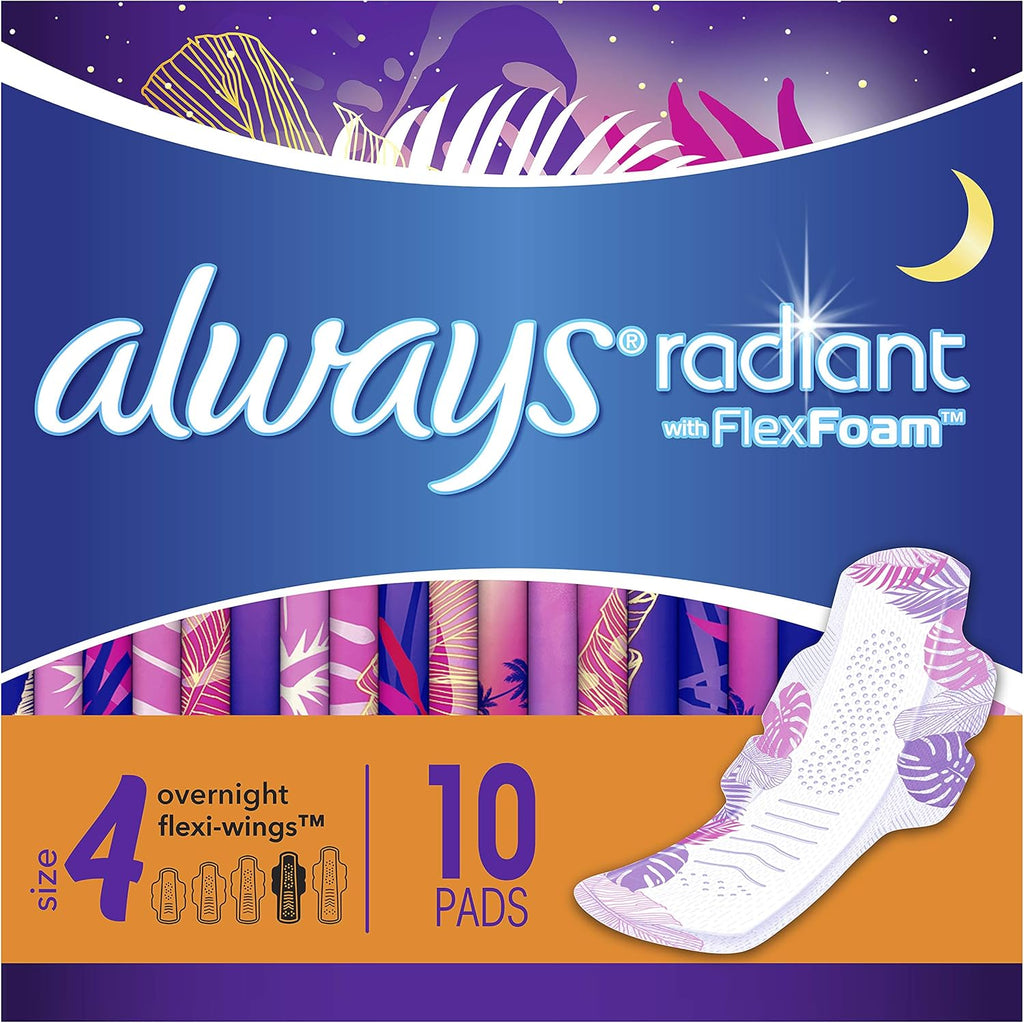 ALWAYS Radiant, Size 4, Overnight Sanitary Pads with Wings, Scented, 10Count, (Pack of 10)