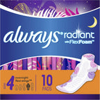 ALWAYS Radiant, Size 4, Overnight Sanitary Pads with Wings, Scented, 10Count, (Pack of 10)