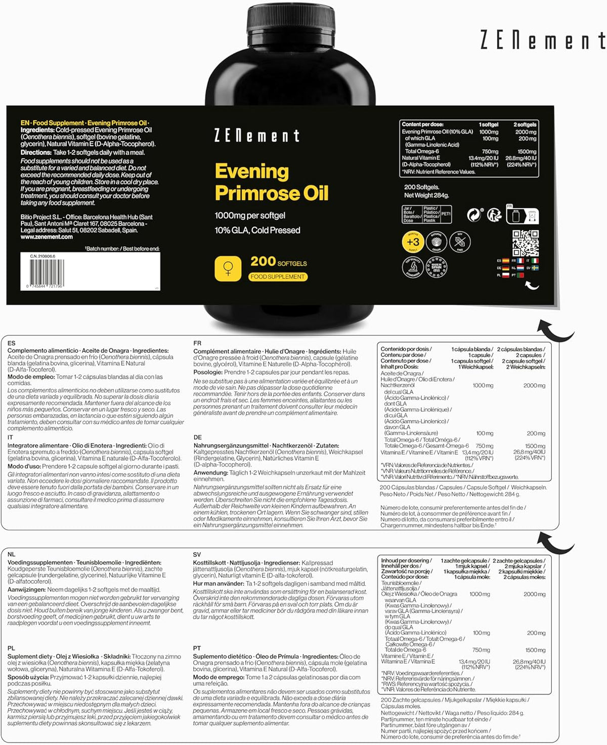 Evening Primrose Oil 1000 mg, 10% GLA, Cold Pressed, with Natural Vitamin E - Natural Source of Omega 6, Female Support and Daily Balance, 200 Softgels - Zenement