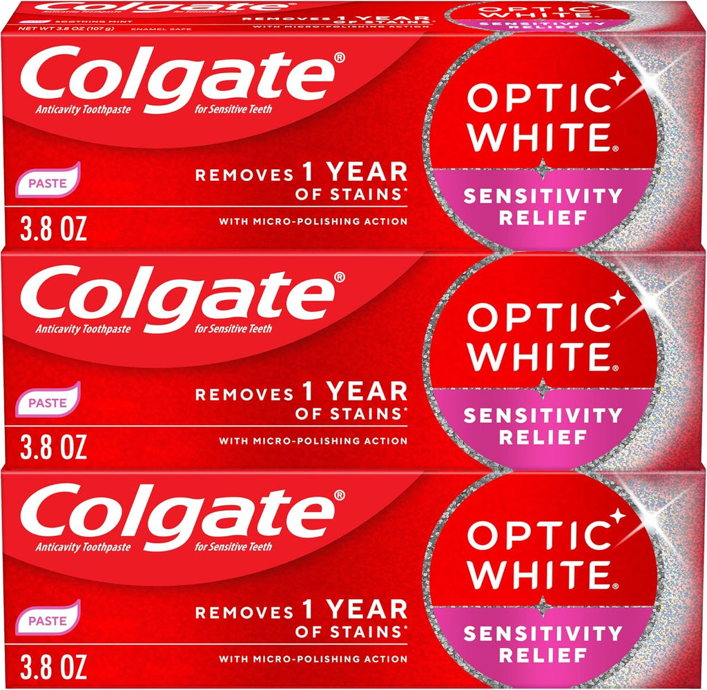 Colgate Optic White Sensitivity Relief Whitening Toothpaste, 3 Pack, 3.8oz | Teeth Whitening Toothpaste for Sensitive Teeth, Helps Remove 1 Year of Stains, Enamel Safe, Fluoride Formulated, Mint Flavor