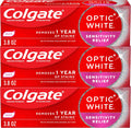 Colgate Optic White Sensitivity Relief Whitening Toothpaste, 3 Pack, 3.8oz | Teeth Whitening Toothpaste for Sensitive Teeth, Helps Remove 1 Year of Stains, Enamel Safe, Fluoride Formulated, Mint Flavor