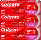 Colgate Optic White Sensitivity Relief Whitening Toothpaste, 3 Pack, 3.8oz | Teeth Whitening Toothpaste for Sensitive Teeth, Helps Remove 1 Year of Stains, Enamel Safe, Fluoride Formulated, Mint Flavor