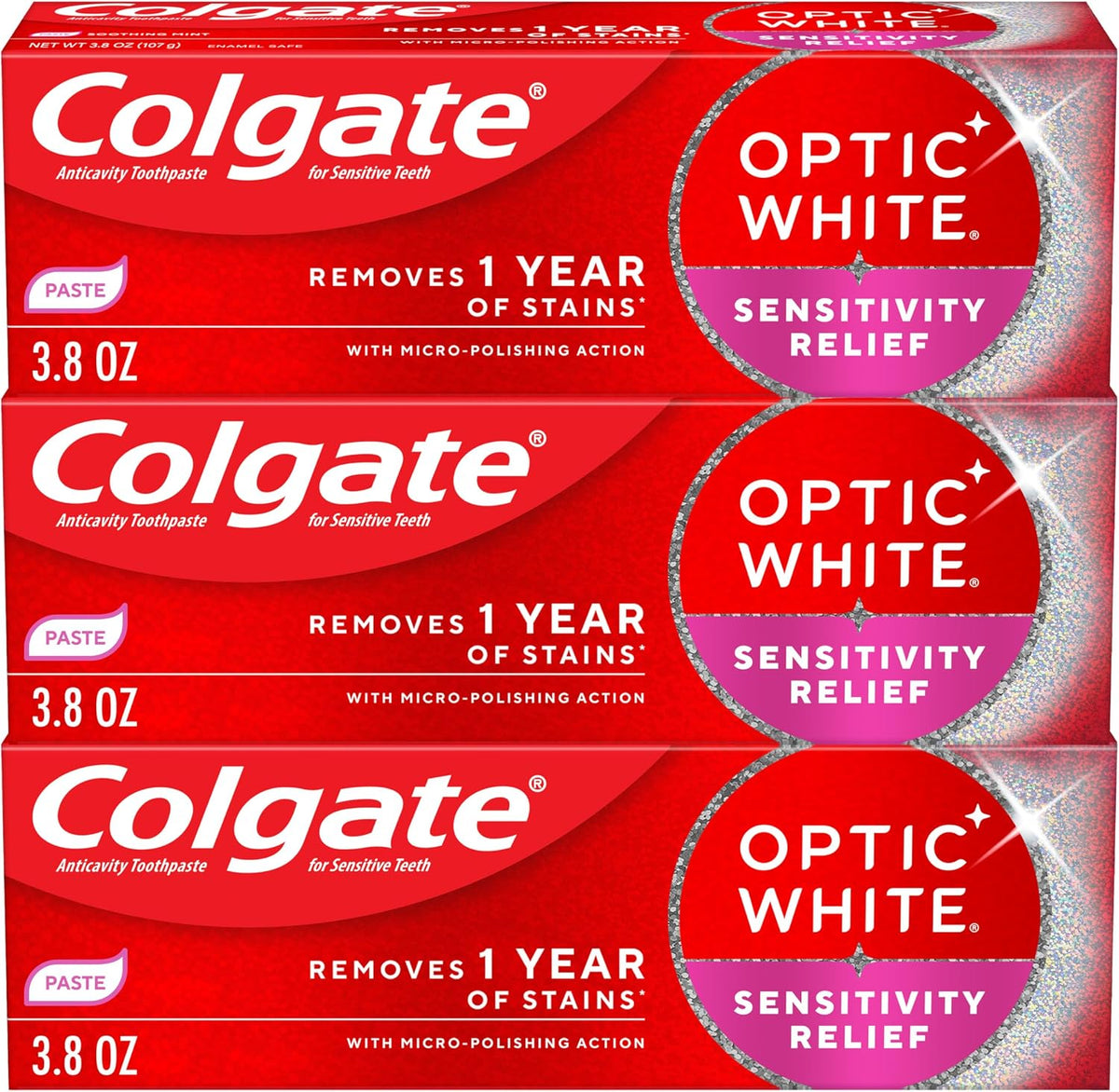 Colgate Optic White Sensitivity Relief Whitening Toothpaste, 3 Pack, 3.8oz | Teeth Whitening Toothpaste for Sensitive Teeth, Helps Remove 1 Year of Stains, Enamel Safe, Fluoride Formulated, Mint Flavor