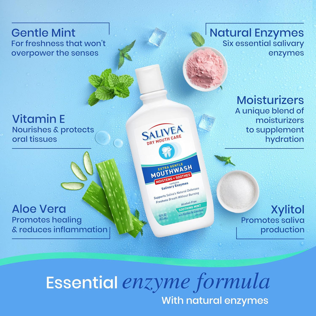 SALIVEA Dry Mouth Mouthwash Soothing Mint Flavor 16 oz Bottle Pack of 1 | Natural salivary enzymes gently freshen breath and aid daily oral care, sensitive-mouth formula for kids and adults