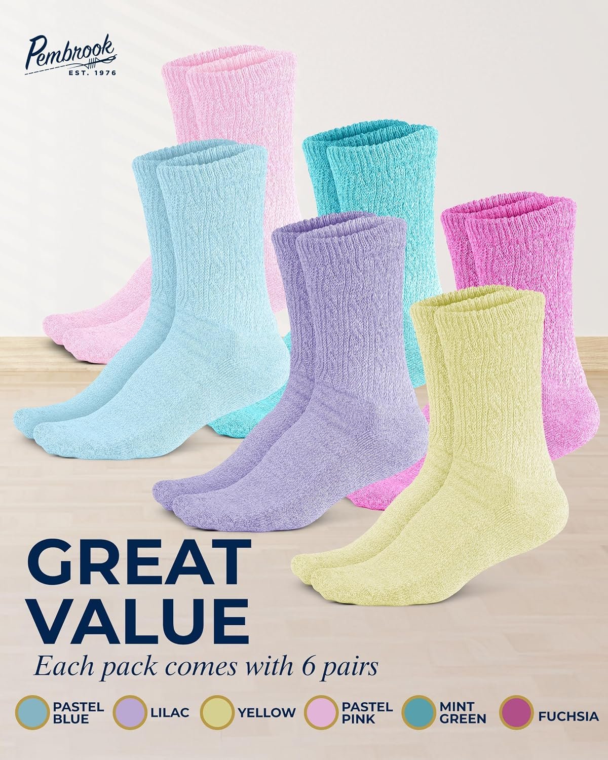 Pembrook® Diabetic Socks for Women 6 Pairs Bamboo Viscose Non-Binding Neuropathy Moisture-Wicking Circulation Support