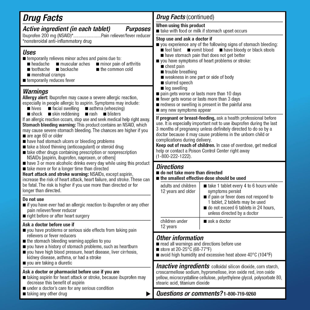 Amazon Basic Care Ibuprofen Tablets, 200 mg, Pain Reliever and Fever Reducer, For Headache, Muscular Aches, Arthritis, Backache, Menstrual Pain, 100 Count (Pack of 1)