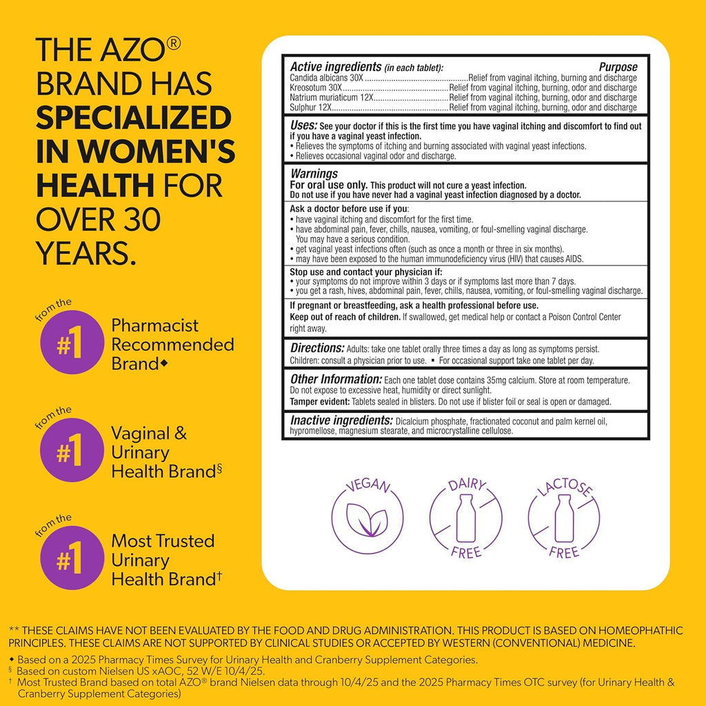 AZO Yeast Plus Dual Relief Homeopathic Medicine | Yeast Infection Symptom Relief: Itching & Burning | Vaginal Symptom Relief: Occasional Odor & Discharge | #1 Most Trusted Brand | 2 Pack (60ctx2)