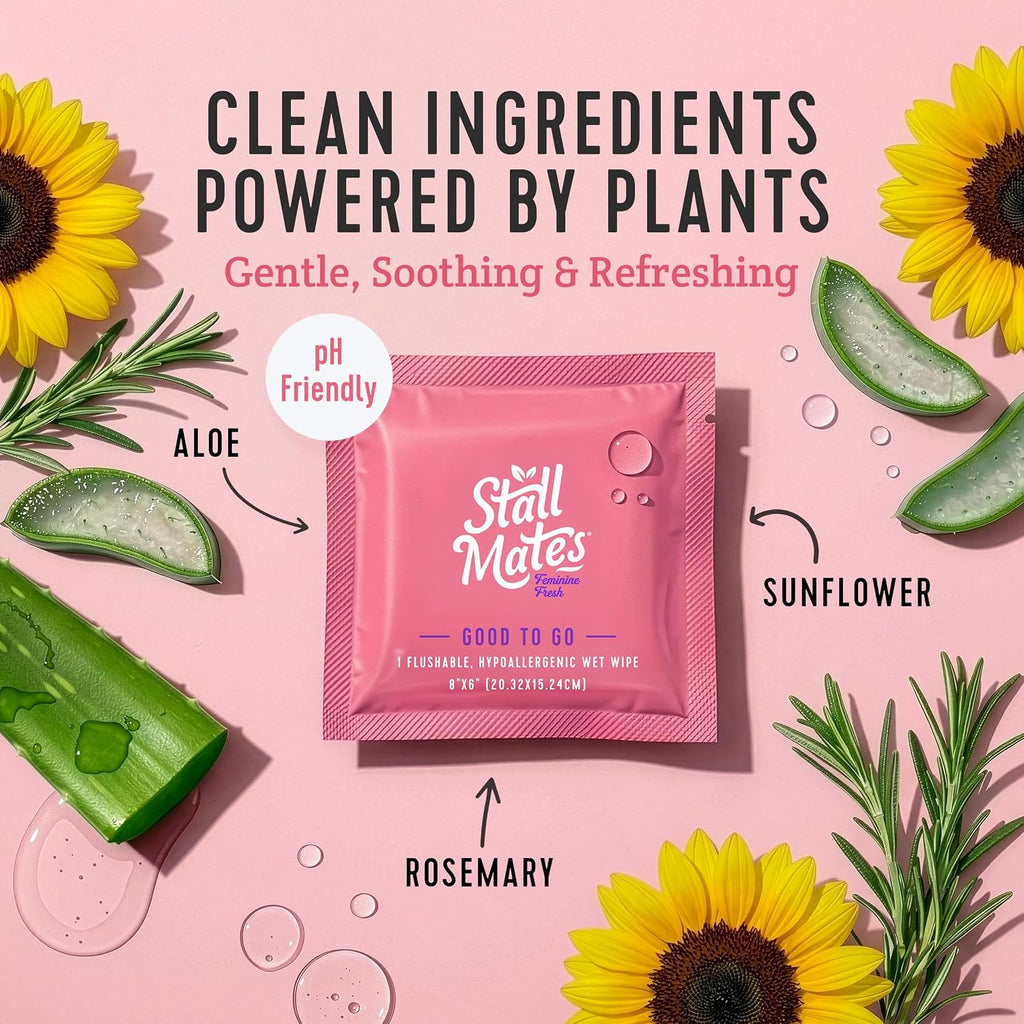 Stall Mates Feminine Fresh Flushable Wipes, PH Balanced, 30 Count | PH Balanced Formula, With Sunflower, Rosemary & Aloe, Travel Friendly, on-the-go singles, For Women