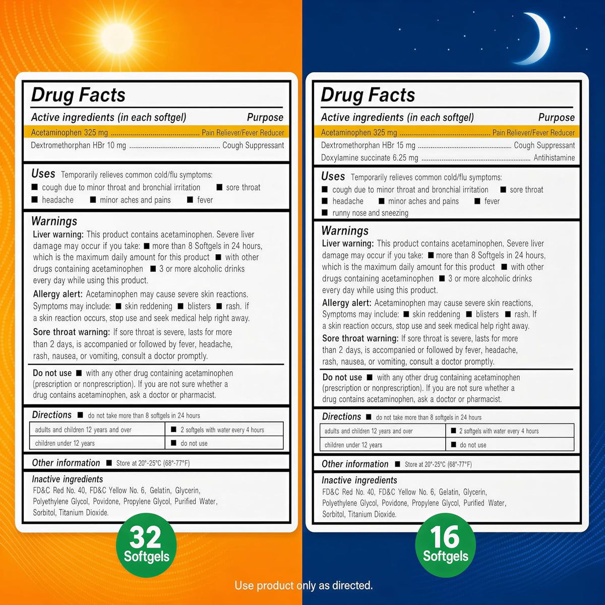 AXIV Day & Night Cold & Flu Medicine Combo Pack Softgels, Daytime & Nighttime Relief for Headache, Fever, Sore Throat, Minor Aches & Pains, & Cough, 48 Softgels