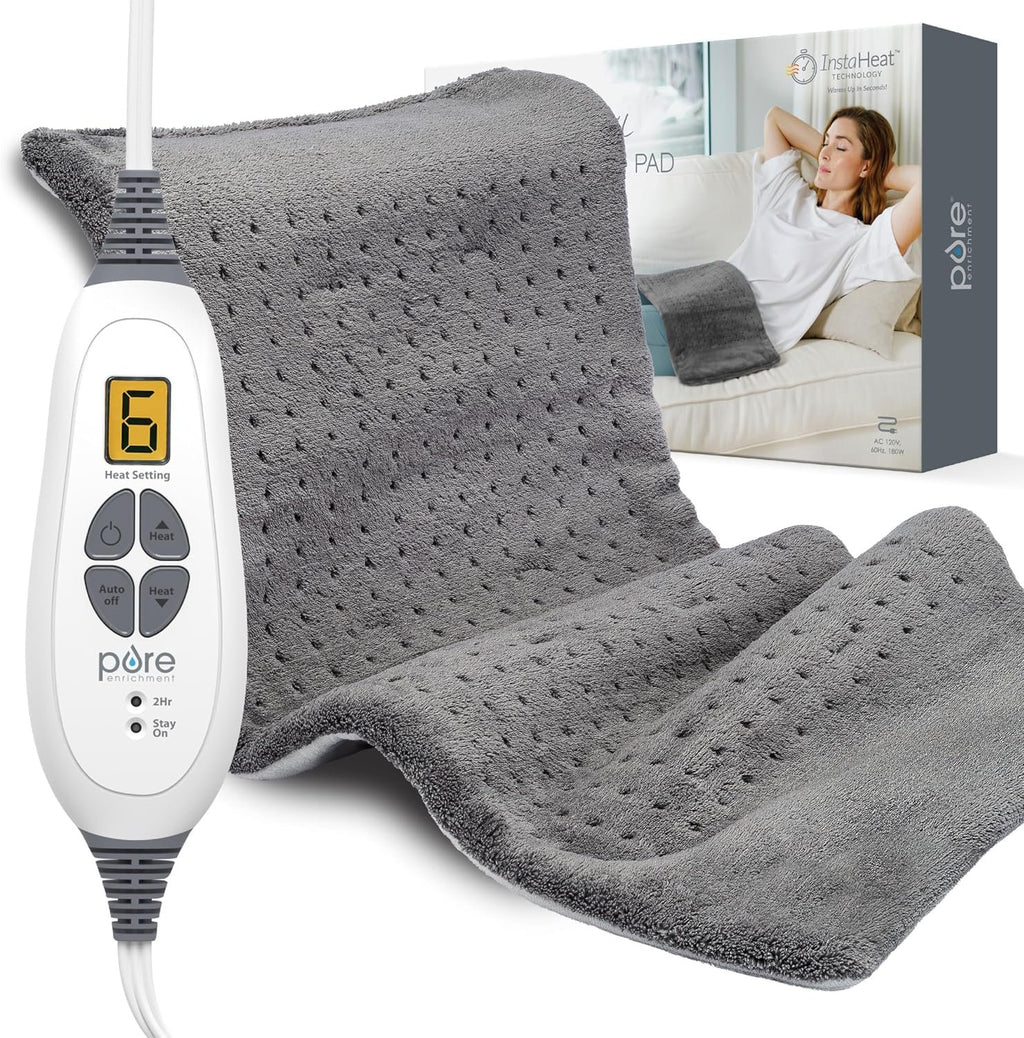 Pure Enrichment® PureRelief® XL Heating Pad - 12" x 24" Electric Heating Pad for Back Pain & Cramps, 6 Heat Settings, Soft Machine Wash Fabric, Auto-Off & Moist Heat (Charcoal Gray)
