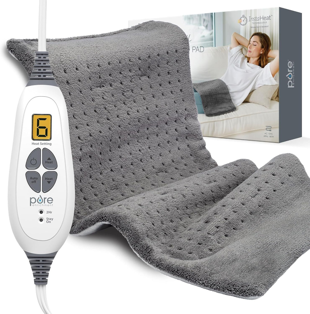 Pure Enrichment® PureRelief® XL Heating Pad - 12" x 24" Electric Heating Pad for Back Pain & Cramps, 6 Heat Settings, Soft Machine Wash Fabric, Auto-Off & Moist Heat (Charcoal Gray)