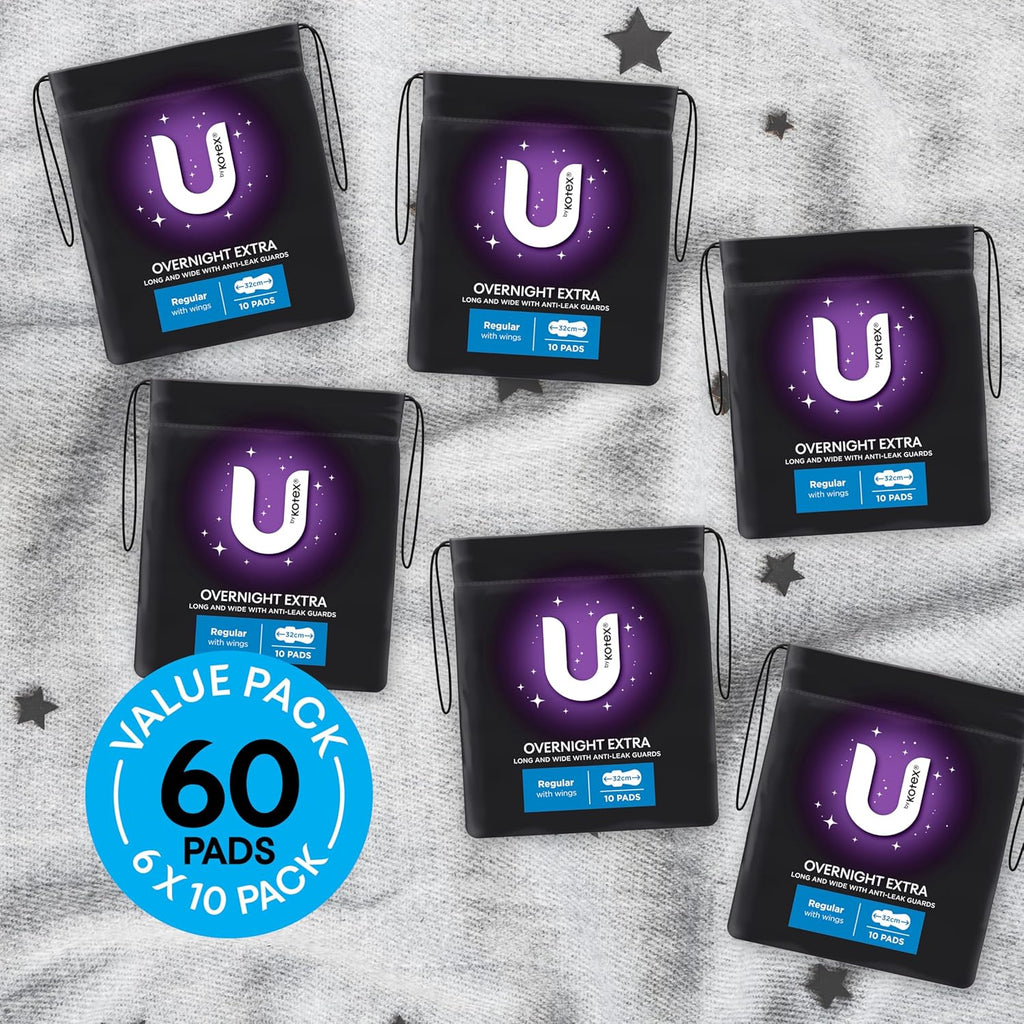 U BY KOTEX Maxi's Extra Overnight Pads with Wings 60 Count (6 x 10 Pack) - Packaging May Vary