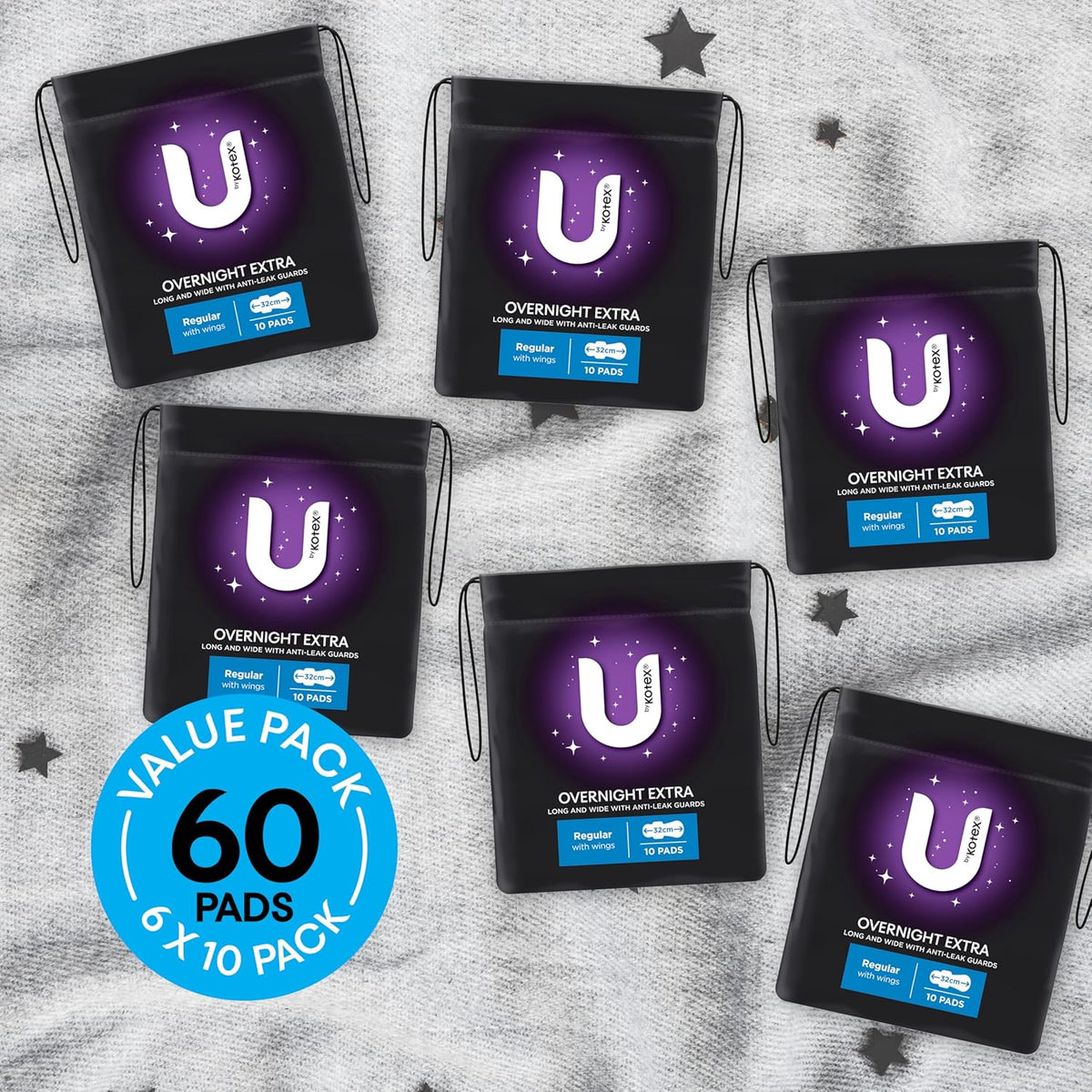 U BY KOTEX Maxi's Extra Overnight Pads with Wings 60 Count (6 x 10 Pack) - Packaging May Vary