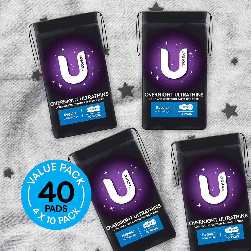 U BY KOTEX Ultrathins Overnight Pads with Wings 40 Count (4 x 10 Pack) - Packaging May Vary