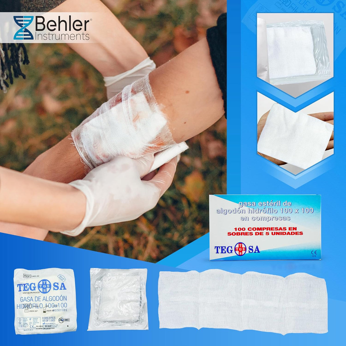 Sterile gauze of hydrophilic cotton in compresses 8 cm x 6 cm - 8 layers - Gauze - Pack of 100 units in 20 envelopes of 5 units - High absorbency and medical gauzes.