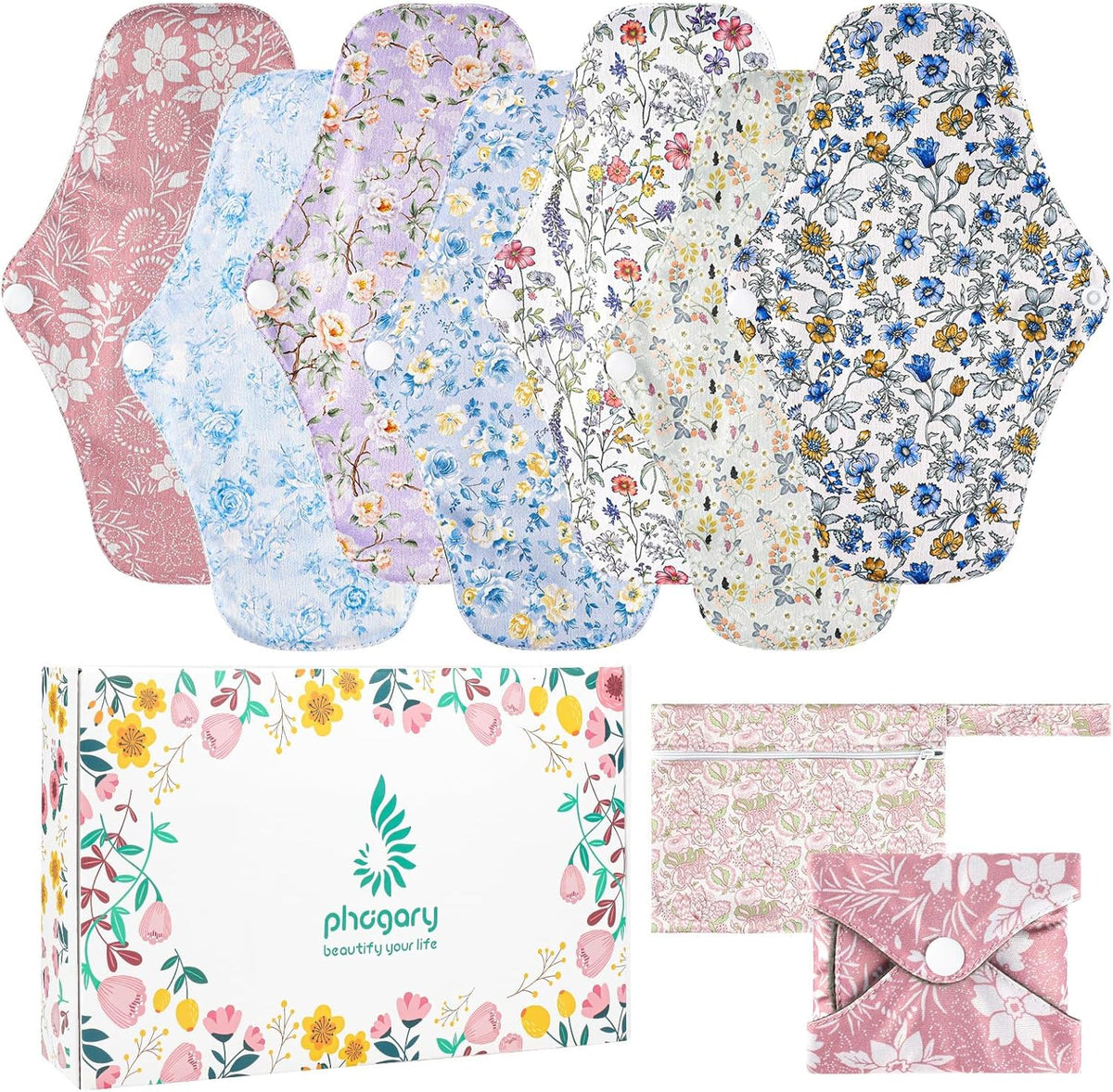 Reusable Menstrual Pads, Cloth Pads for Heavy Flow with Wet Bag, Large Sanitary Pads Set with Wings for Women, Washable Overnight Cloth Panty Pad Liners (Style c)