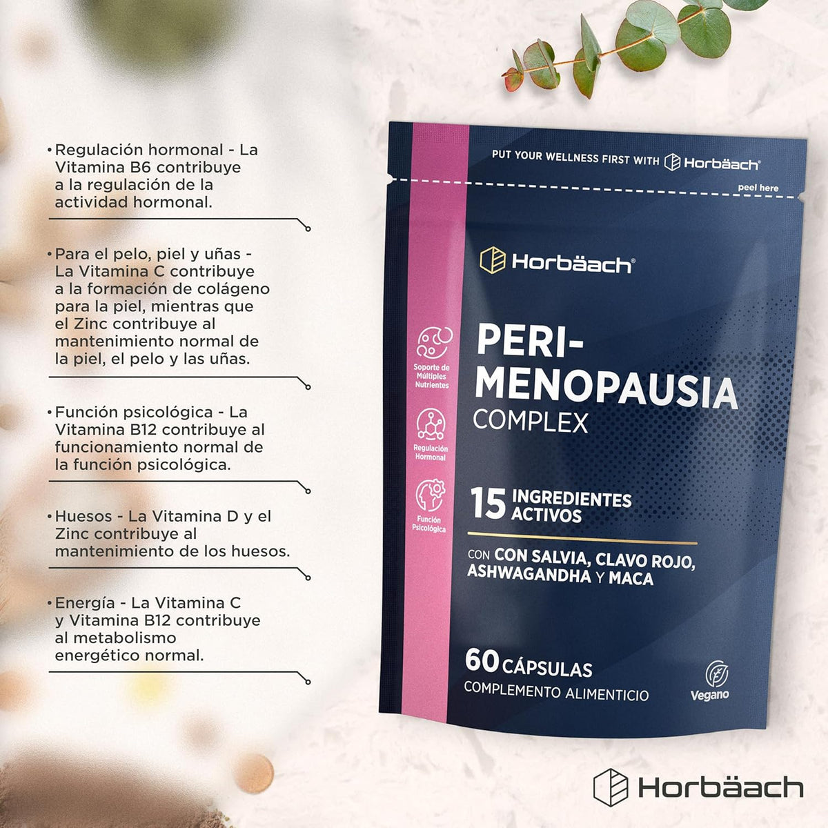 Perimenopause Supplement | with Maca, Red Clover, Sage Extract, Ashwagandha and more! | 60 Vegan Capsules | Horbaach