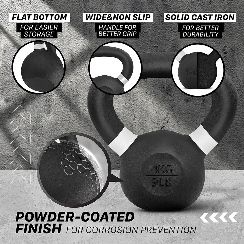 Yes4All Powder Coated Kettlebell, Cast Iron Core Kettlebells with Non-Slip Handle & Flat Bottom for Conditioning, Heavy Duty for Strength Training, 9lb to 71lb - Single & Pair