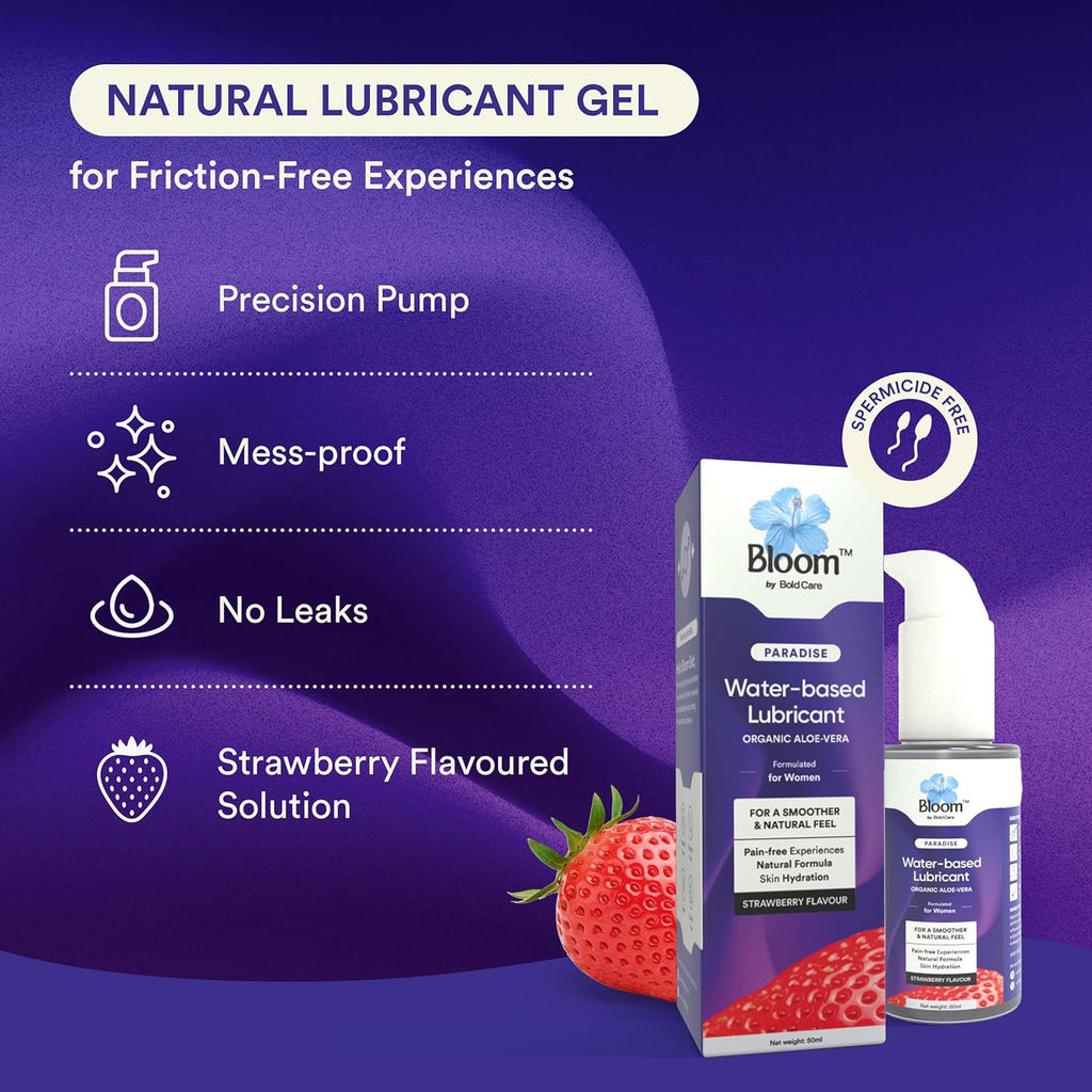 Bloom by Bold Care Water-Based Lubricant & Massage Gel | For Long-lasting Painless Pleasure | Non-Staining Lube for Vaginal Dryness | Non-Sticky & pH Balanced Formula | Strawberry Flavour | (50 ml)