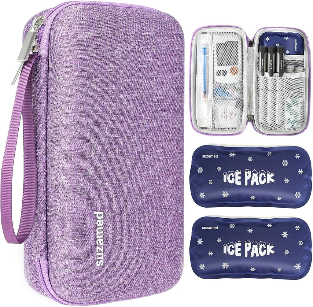 suzamed Insulin Cooler Travel Case, 2x150g Ice Pack TSA Approved, Purple | EVA Insulation Travel Medicine Kit for 1-5 Pens & Diabetic Supplies, Diabetes Care, Portable Handle for Daily Use & Trip